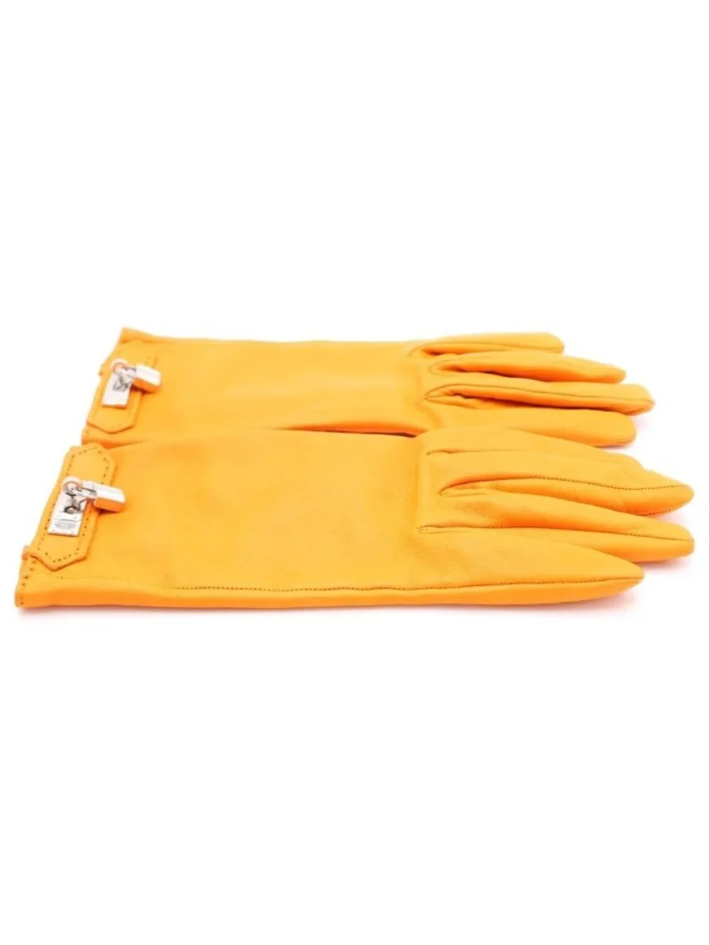 Hermes Kelly Buckle Cadena Lambskin Leather Gloves Silver Orange